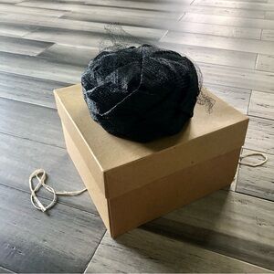 Vintage 50s 60s Franklin Simon Black Woven Straw Pillbox Hat w/ Veil